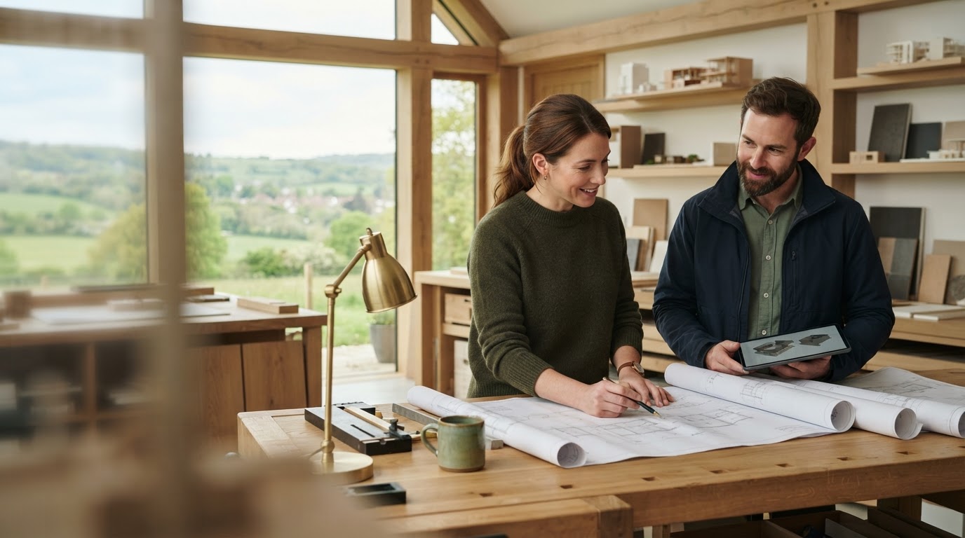 Westhoathly client reviewing a calm data dashboard on a tablet in a sunlit home office